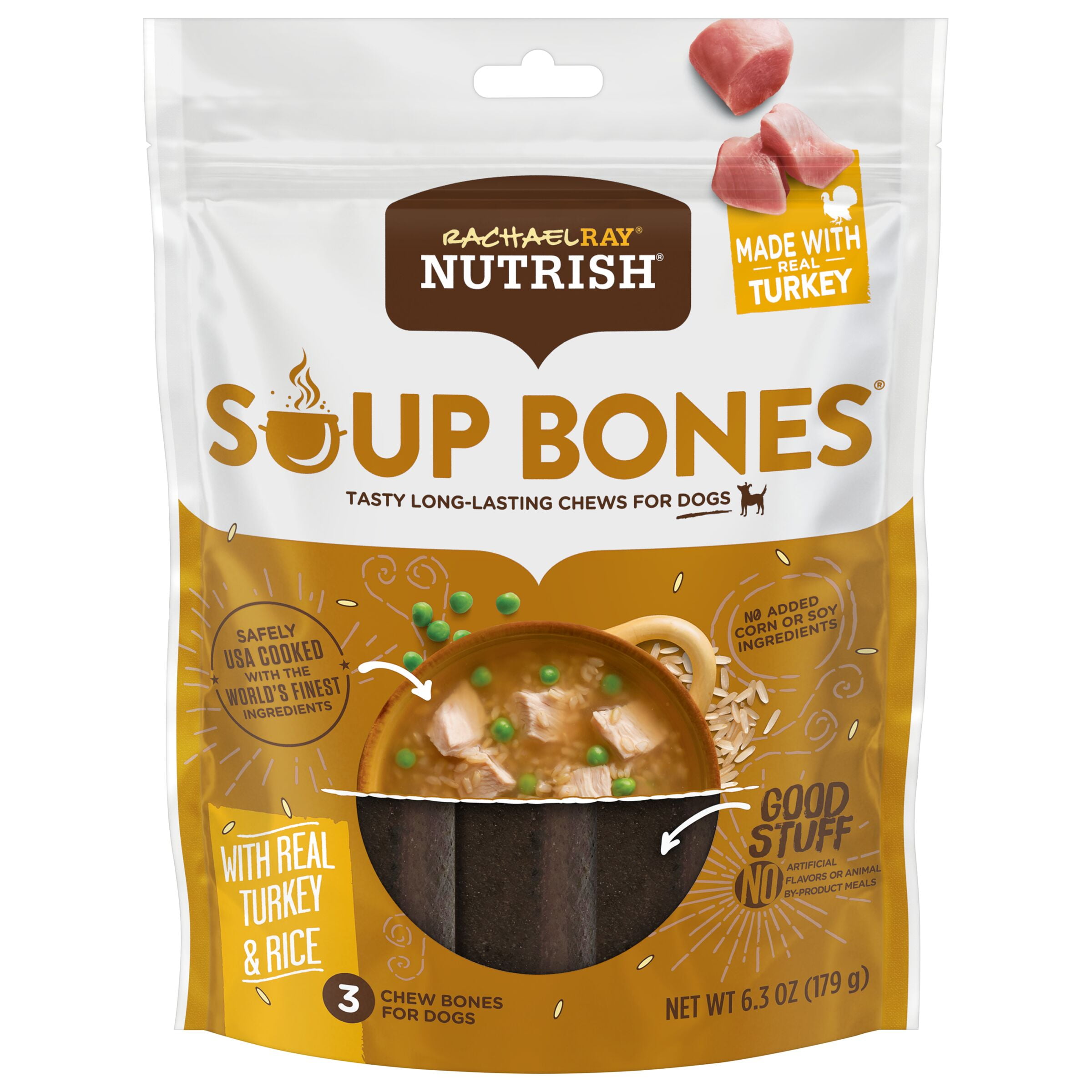 Rachael Ray Nutrish Soup Bones Dog Chews With Real Turkey & Rice, 3 Dog
