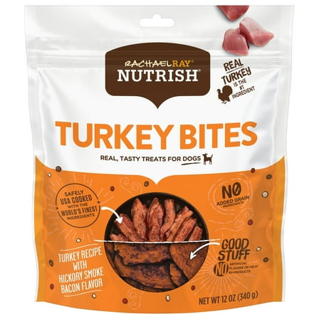 Rachael Ray Nutrish Turkey Bites Dry Dog Treats, Turkey & Hickory Smoke Bacon Soft Treats, 12 oz. Pouch