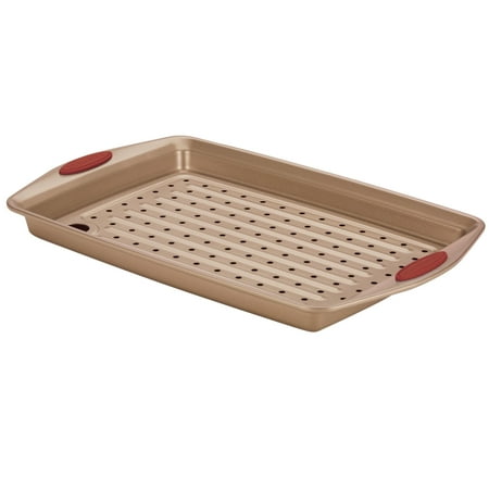 Rachael Ray - 2-Piece Nonstick Bakeware Crisper Pan Set - Latte Brown with Cranberry Red Handle Grips