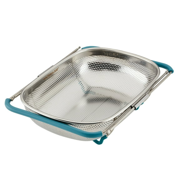 Rachael Ray Tools and Gadgets Over-the-Sink Stainless Steel Colander, 4.5 Quart, Agave Blue Handles