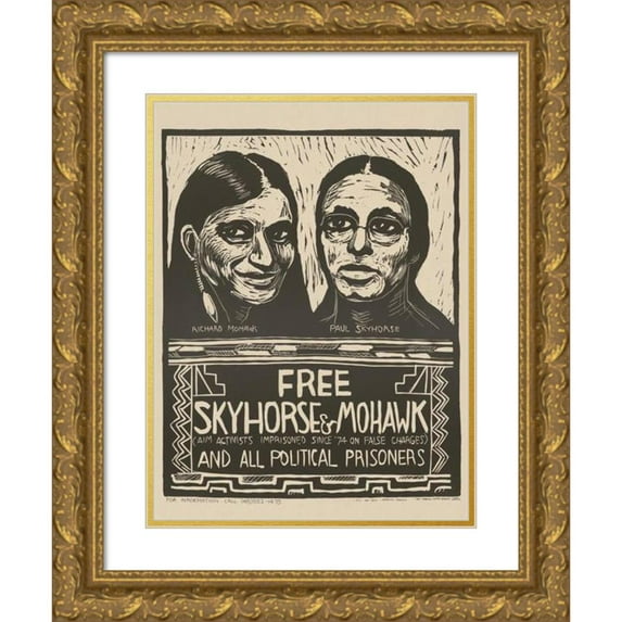 Rachael Romero 15x18 Gold Ornate Wood Frame and Double Matted Museum Art Print Titled - Free Skyhorse and Mohawk and All Political Prisoners (1977)