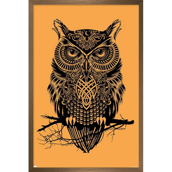 Rachel Caldwell - Warrior Owl On Orange Wall Poster, 14.725" x 22.375" Framed