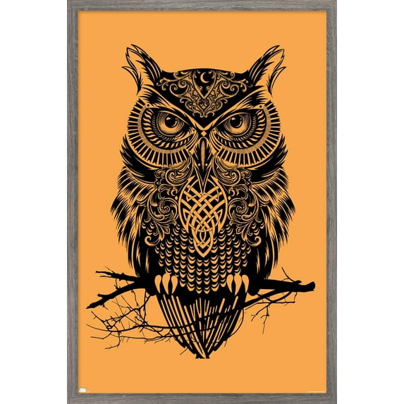 Rachel Caldwell - Warrior Owl On Orange Wall Poster, 22.375" x 34" Framed