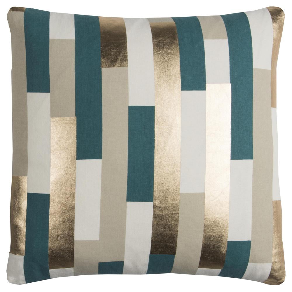 20" Teal and Gold Striped Cotton Canvas Throw Pillow Cover