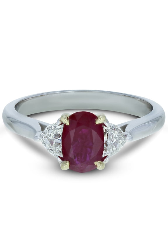 18K White Gold Oval Burma Ruby & Diamond Three Stone Ring 1.36ct