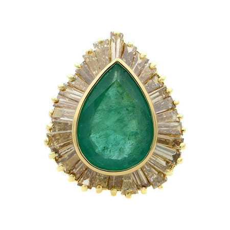 Rachel Koen 18K Yellow Gold Pear Shape Green Emerald Diamond Ring Size 5.25 Pre-Owned