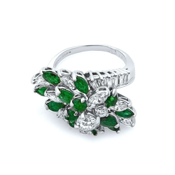 Pre-Owned Rachel Koen Platinum 1.70cttw Diamond 1.0cttw Emerald Antique Cocktail Ring Sz7