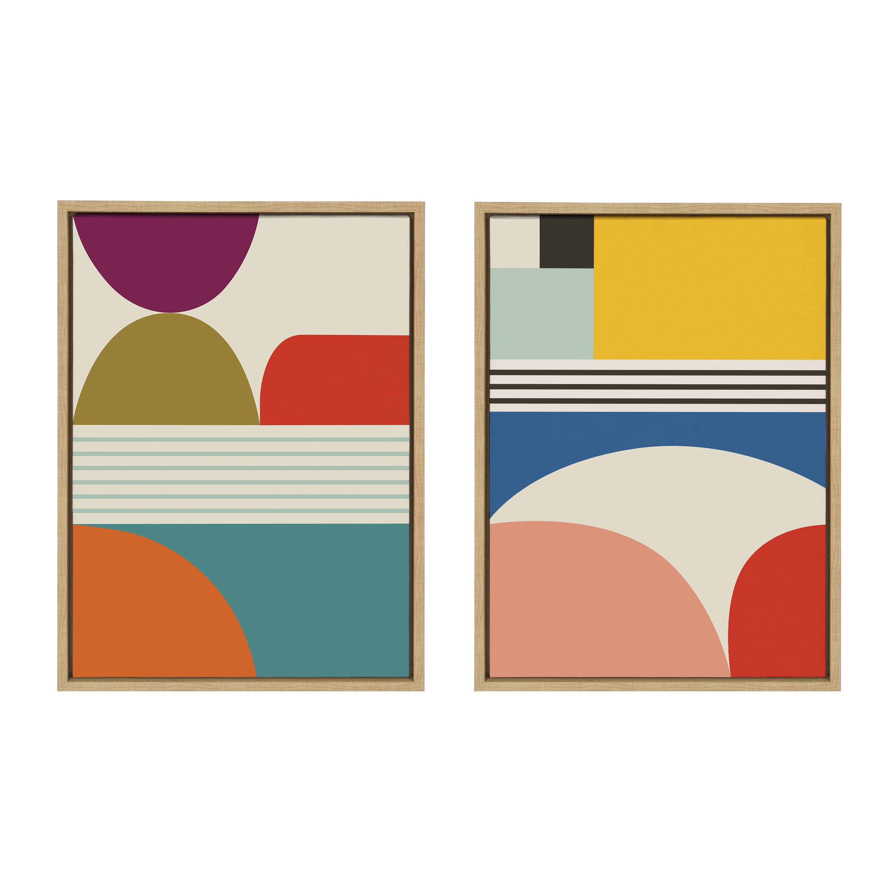 Set of 2 Multicolor Abstract Canvas Prints with Natural Frames