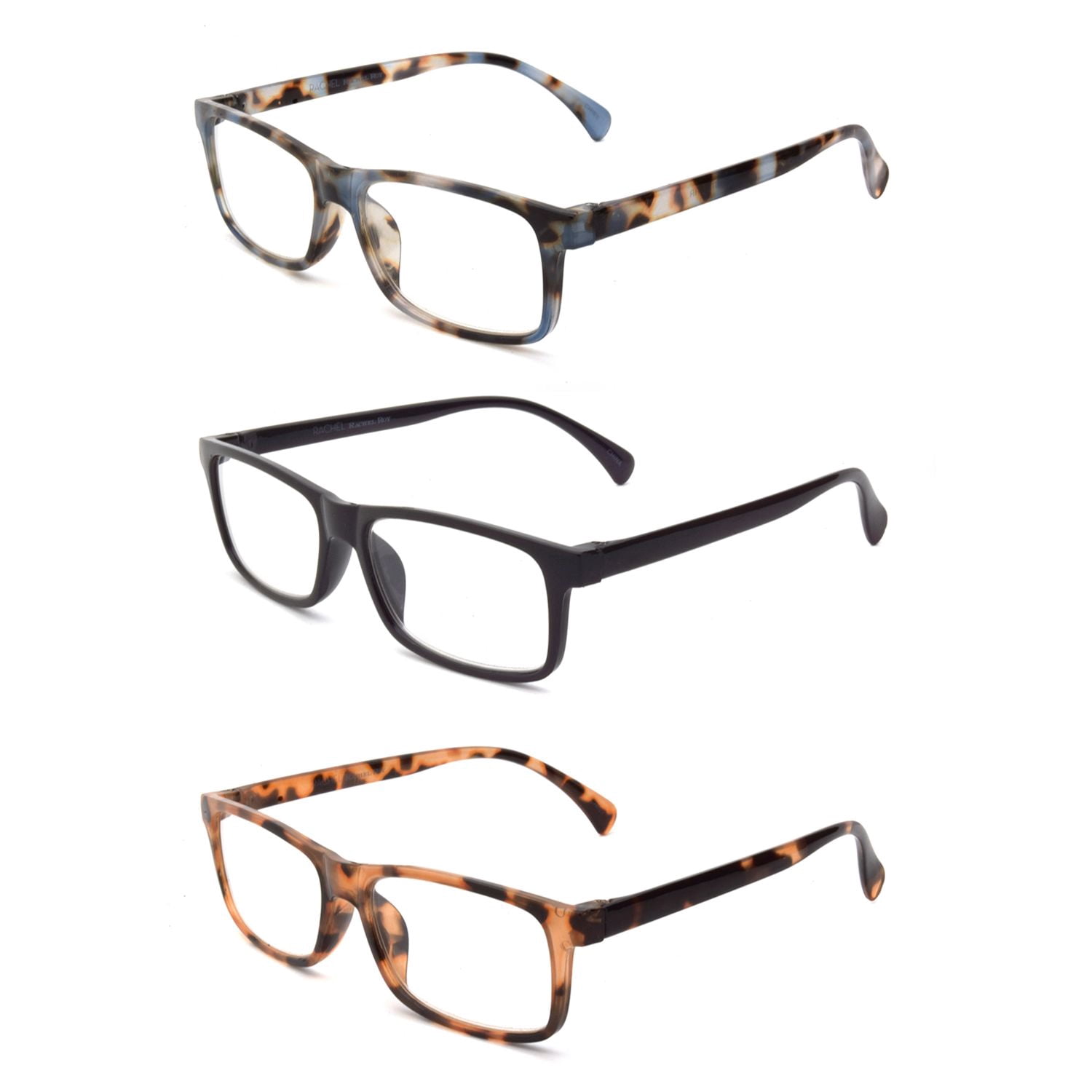 Rachel Rachel 3 Pack Reading Glasses, Square Lenses in Black, Animal Print/Tortoiseshell, +2.00