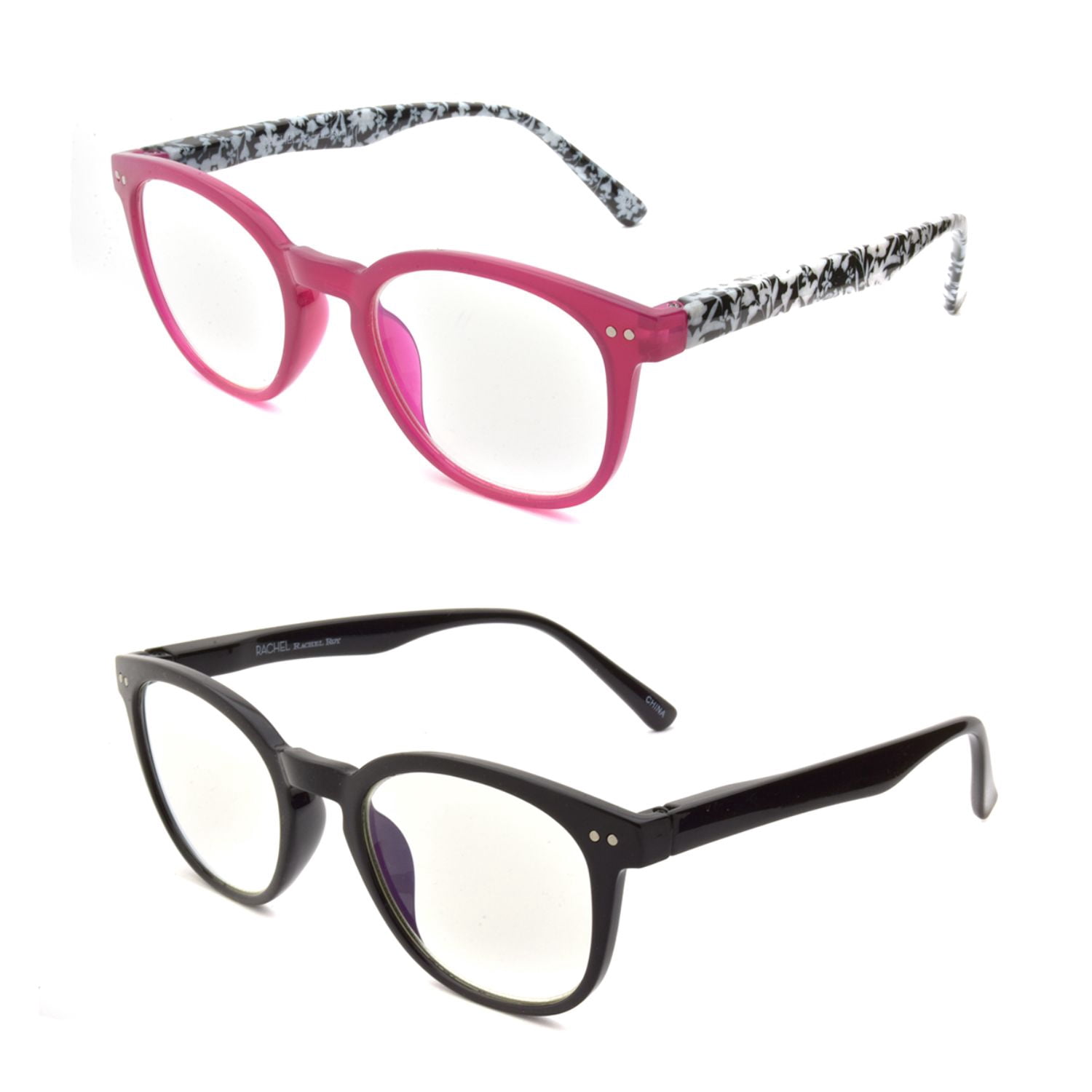 Rachel Rachel Roy 2 Pack Blue Light Reading Glasses, Black/Pink Frames, 1.50