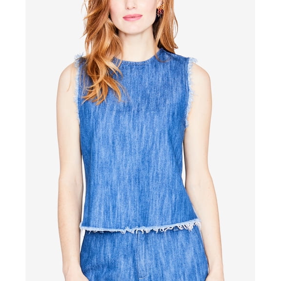 Rachel Rachel Roy Cotton Frayed Edge Denim Top Medium Wash XL
