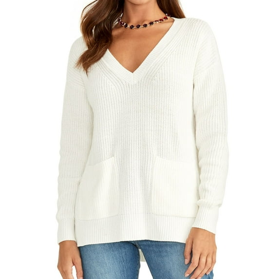 Rachel Roy Womens Front Pockets Knit Sweater, White, Small
