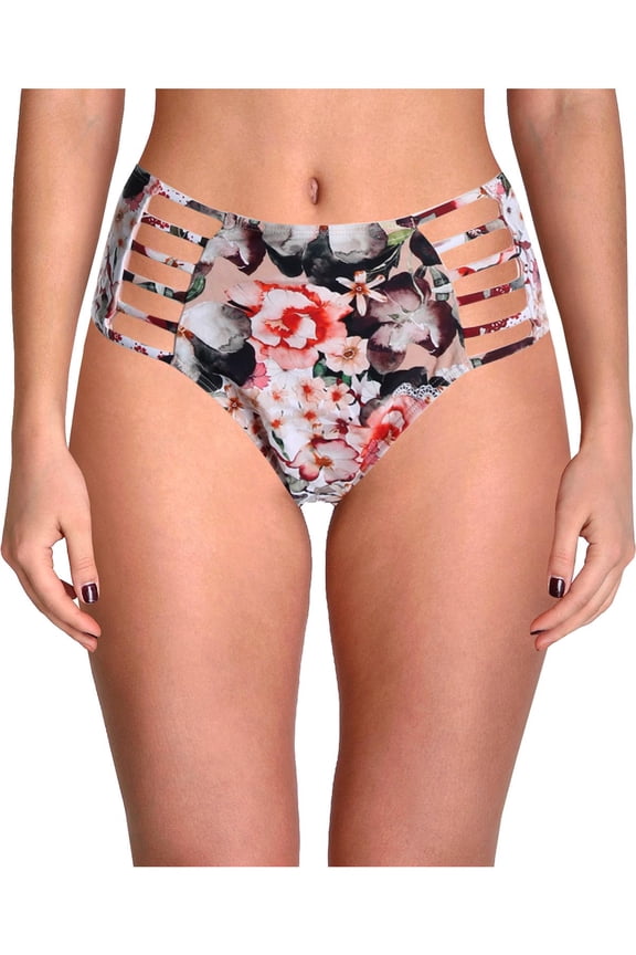 Womens Floral High Waist Bikini Swim Bottom Red M