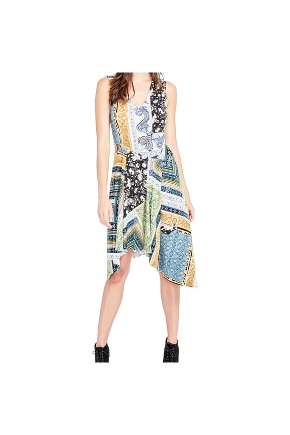 RACHEL ROY Womens Green Patchwork-print Sleeveless V Neck Knee Length Dress Size: S