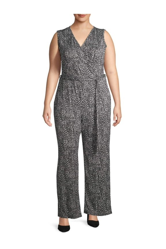 Women's Plus Size Sleeveless Surplice Jumpsuit with Bias Tie Self Belt and Pockets