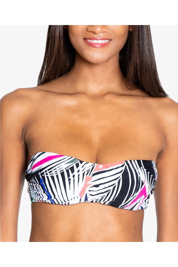 Rachel Roy BLACK/MULTI Graphic Palm Printed Bandeau Bikini Swim Top, US Small