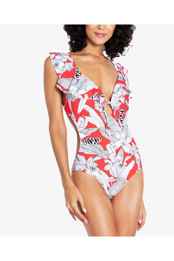 Rachel Roy RED Island Getaway Tie-Front Ruffle One-Piece Swimsuit, US Medium