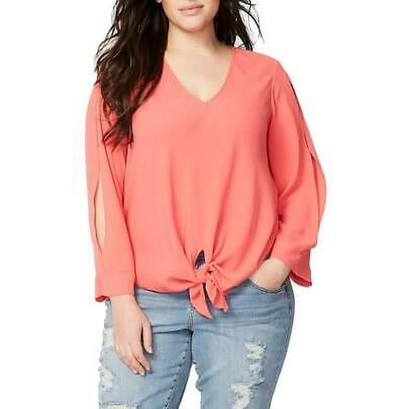 Rachel Roy Women's Plus Watermelon Slit Sleeve Tie Front Top Size 0X