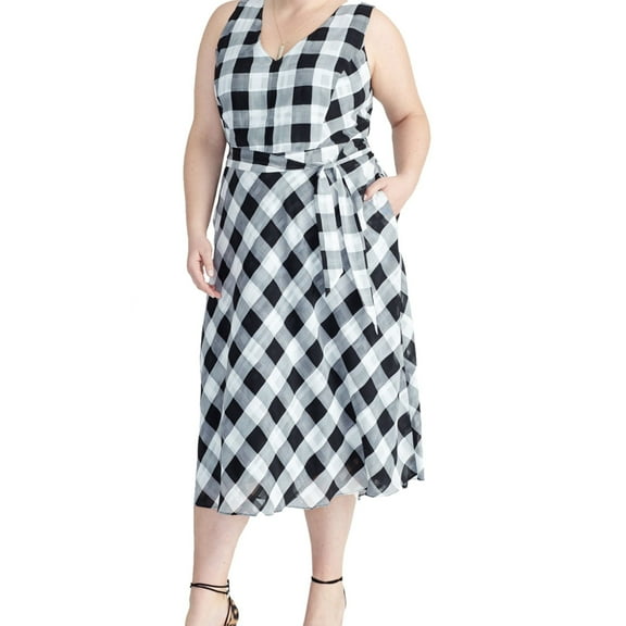Rachel Roy Womens Checkered Midi Dress, Black, Plus Size, 24W
