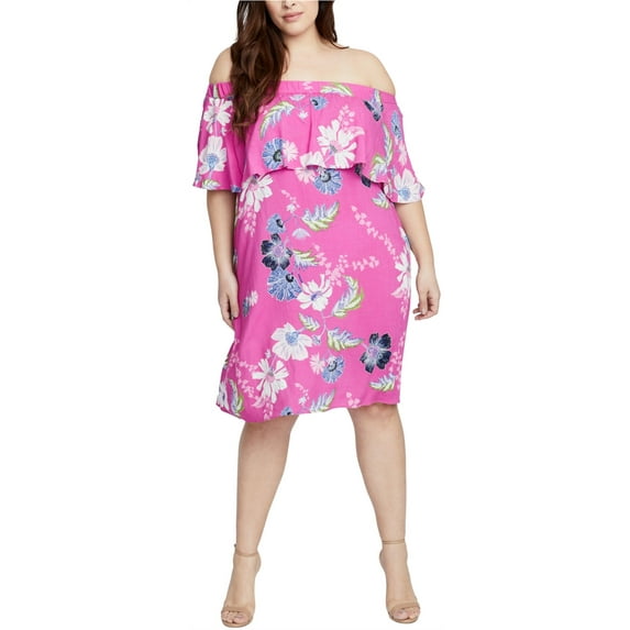 RACHEL ROY Womens Pink Floral Short Sleeve Off Shoulder Knee Length Dress Plus Size: 2X