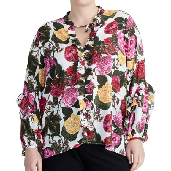 Rachel Roy Womens Floral Print Ruffled Blouse, White, Plus Size, 20W