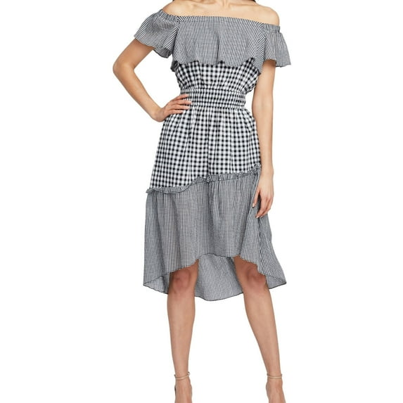 Rachel Roy Womens Gingham High-Low Dress, Black, Large