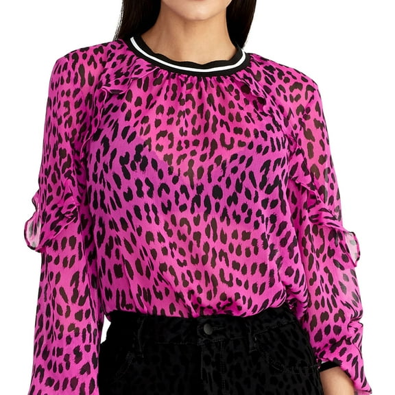 Rachel Roy Womens Sheer Leopard Ruffled Blouse, Pink, 0