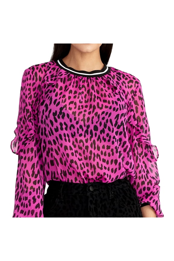 Rachel Roy Womens Sheer Leopard Ruffled Blouse, Pink, 0