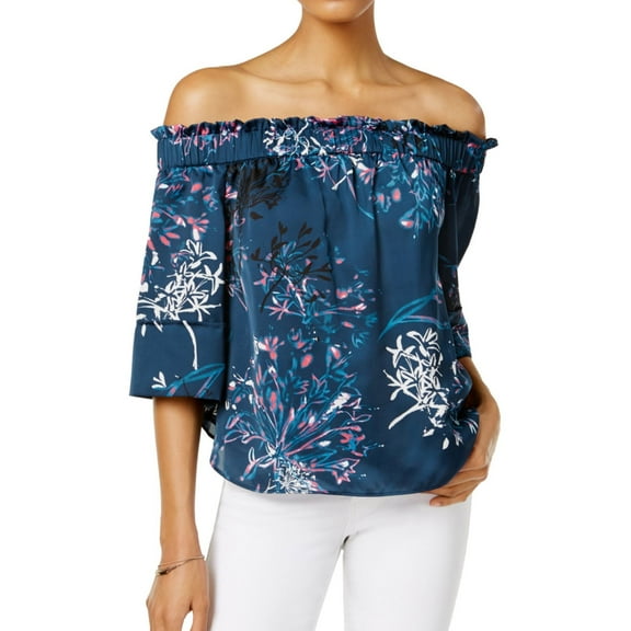 Rachel Roy Womens Shirred Off-The-Shoulder Knit Blouse, Blue, X-Small