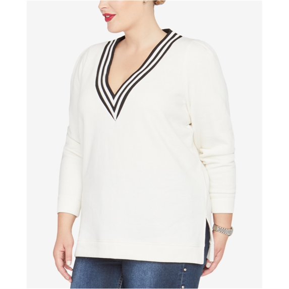 Rachel Roy Womens Shiva V-Neck Sweatshirt, White, 3X