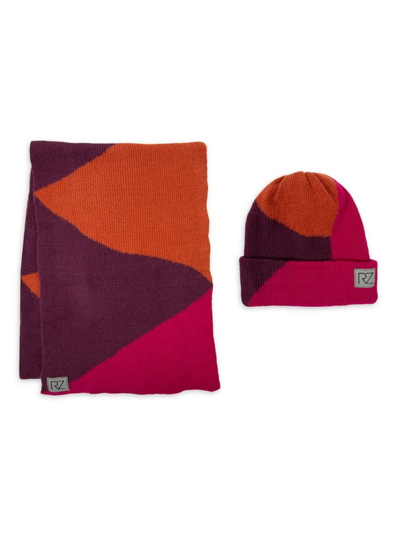 Rachel Zoe Brand Womens Colorblock Multi Knit Scarf and Beanie Style Hat 2 Piece Set