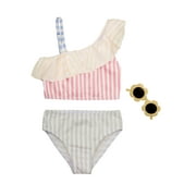 Rachel Zoe Girls Ruffle Shoulder 2-Piece Cabana Stripe Swimsuit with Sunglasses, Sizes 7-12