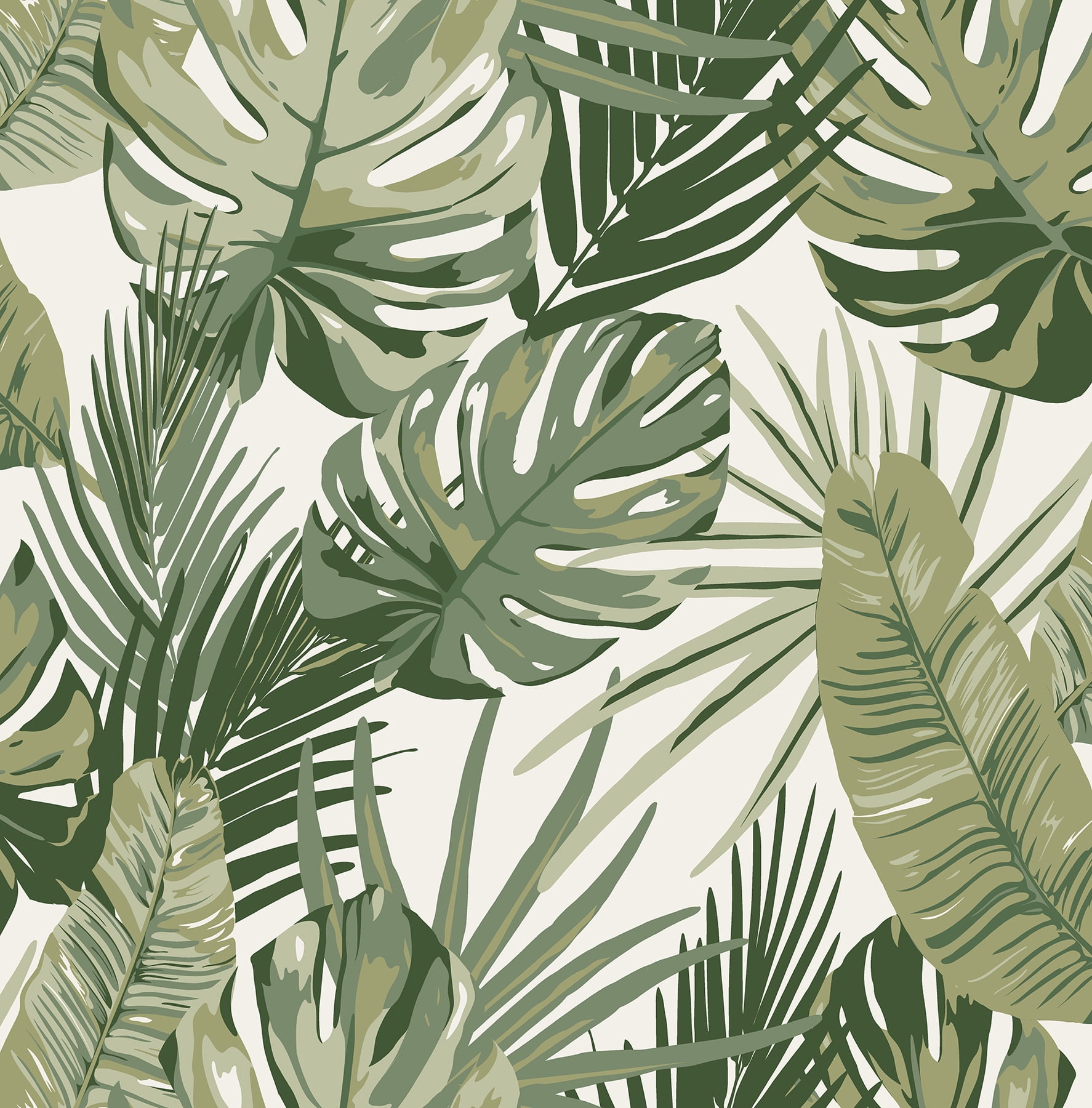 Green and White Vinyl Tropical Palm Leaf Peel & Stick Wallpaper