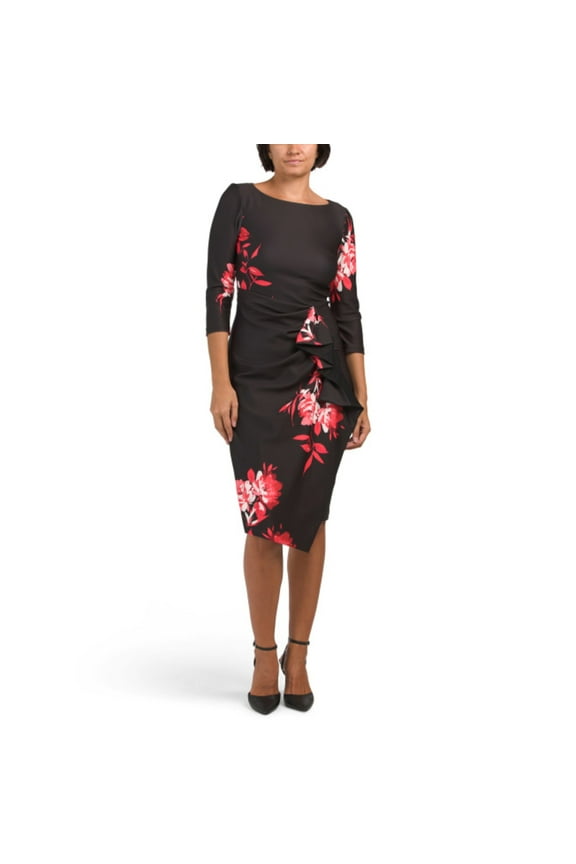 Women's Floral Print Asymmetric Cascading Ruffle Midi Dress (Black, 8)