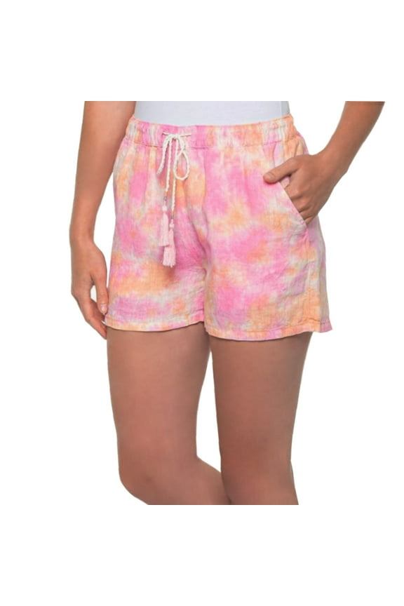 Women's Linen Tie Dye Print Drawstring Waistband Casual Shorts-Pink / S