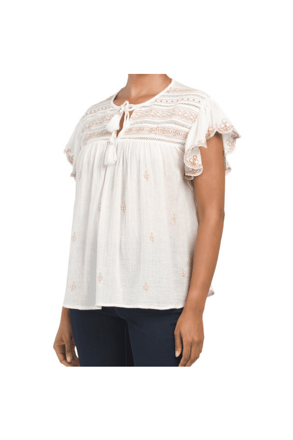 Women's Short Sleeve Embroidered Split Neck Blouse Top-White / L