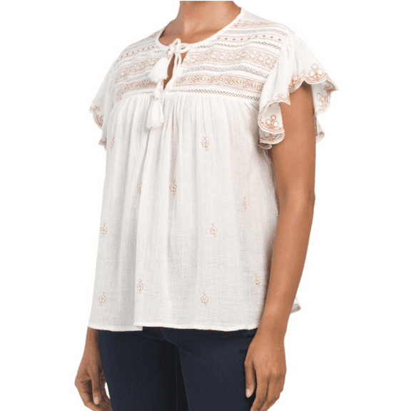 Rachel Zoe Women's Short Sleeve Embroidered Split Neck Blouse Top-White / M