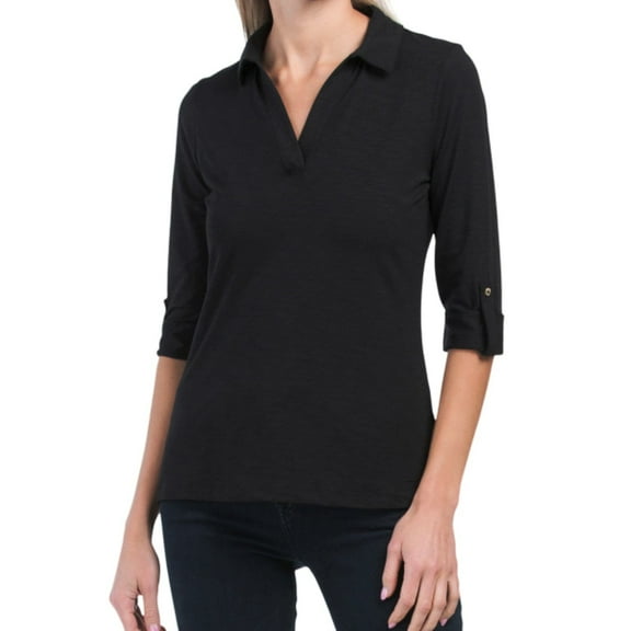 Rachel Zoe Women's Three-quarter Tacked Sleeve V-Neck Classic Collar Top-Black / L