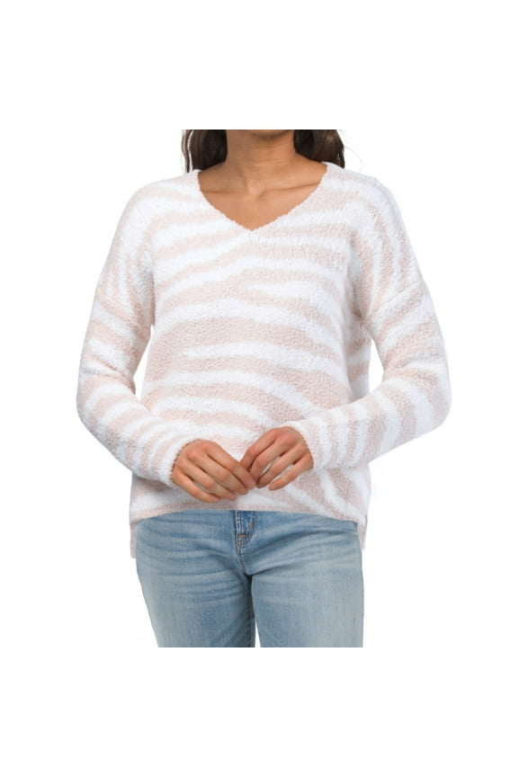 Women's V-Neck Hi-Low Hem Fuzzy Knit Zebra Print Cozy Sweater-Beige / S