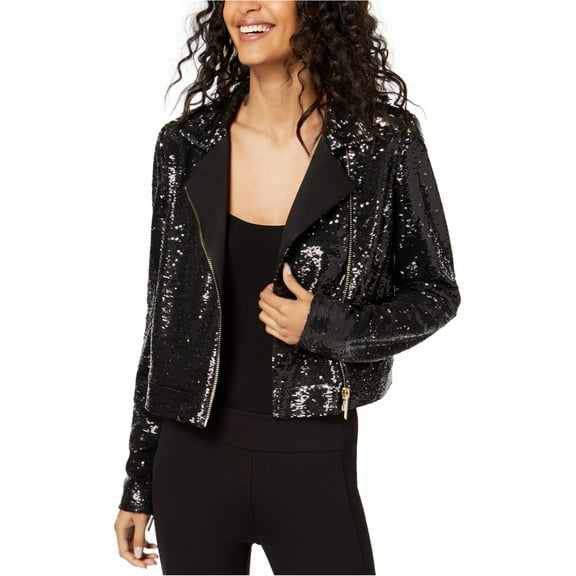 Rachel Zoe Womens Cassie Sequined Motorcycle Jacket, Black, 4