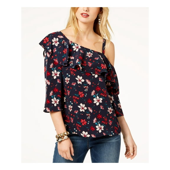 Rachel Zoe Womens Floral One Shoulder Blouse, Blue, Small