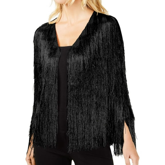 Rachel Zoe Womens Metallic Fringe Cardigan Sweater, Black, Small