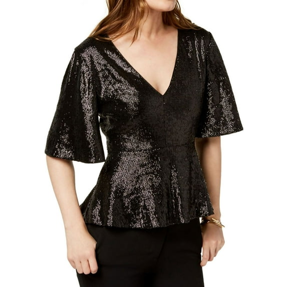 Rachel Zoe Womens Sequin Clover Baby Doll Blouse, Black, 8
