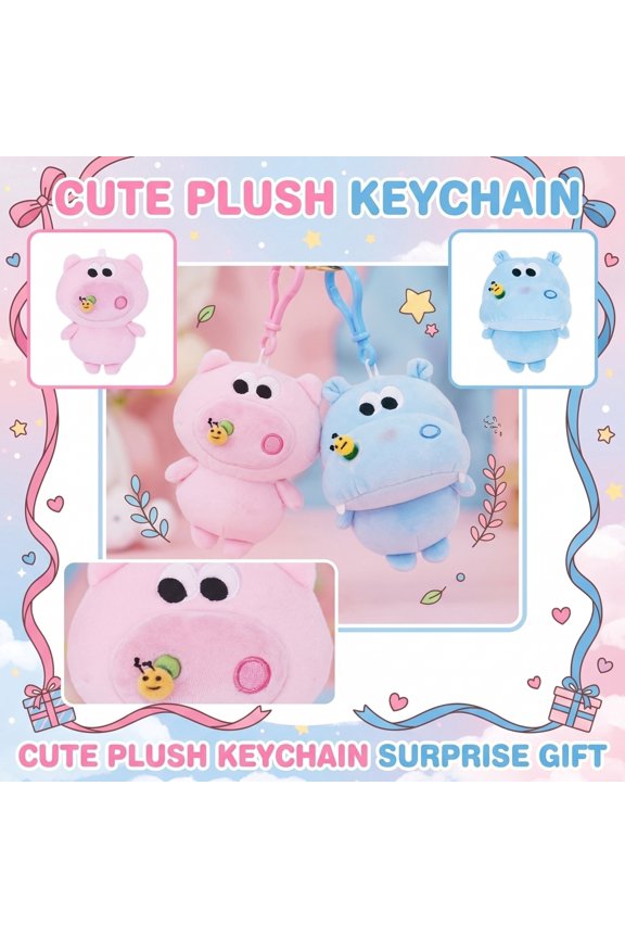 Cute Animal Stuffed Keychain Bag Charm Creative Hippo Pig 5.5" Soft Pendant Backpack Accessory for Teens Handbag Decoration Thoughtful Surprise Gift for Birthdays, 1Pack Blue