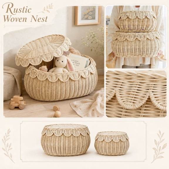 Racifhz Rustic Woven Rattan Storage Baskets 2 Piece Set, Nesting Organizer Bins with Handles for Home Organization, Shelf Decor and Easter Gifts for Family, White