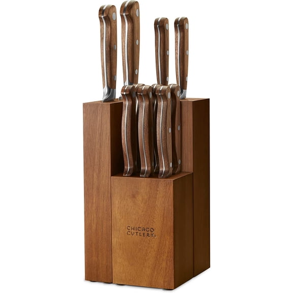 Racine 12-PC Kitchen Knife Wood Block Set, Stainless Steel Knife Block Set, Steak Knives, Serrated, Chef, Utility, and Paring Knife, Removable Steak Knife Block, Walnut Handle