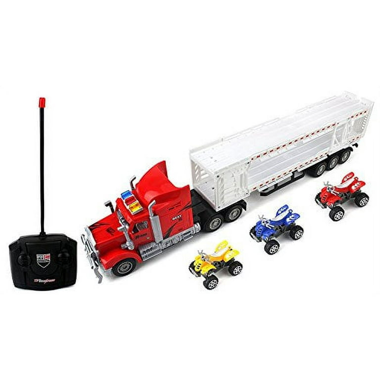 Racing 500 Trailer Remote Control RC Transporter Semi Truck Ready To Run w 3 Toy ATVs Colors May Vary