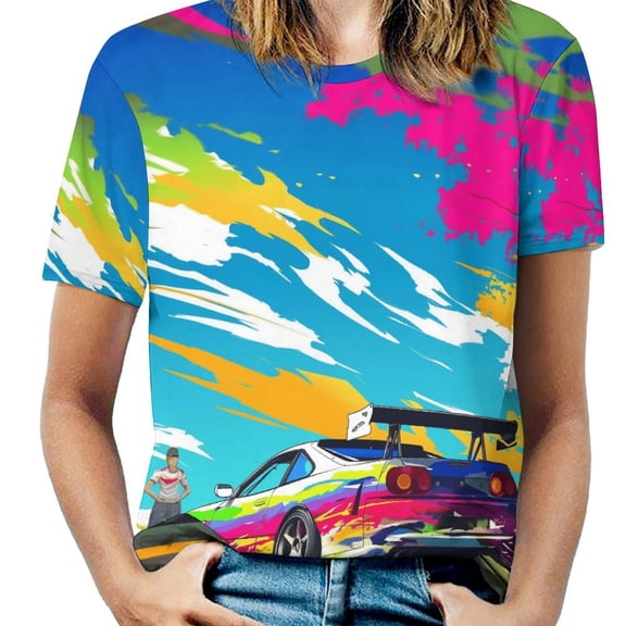 Racing And Flag Women's Short Sleeve T-Shirt Crew Neck Casual Summer Trendy Loose Fit Tops