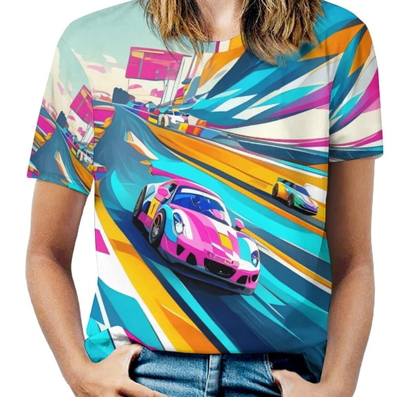 Racing And Flag Women's T-Shirt Short Sleeve T Shirts Tops Tee Ladies Loose T