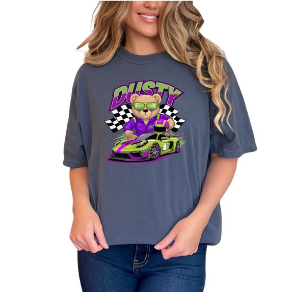 Racing Bear Graphic Tee, Cute Bear Driving Sports Car Shirt, Fun Kids T-Shirt, Unique Design, Colorful Graphic Top for Children, Denim Comfort Colors T-Shirt, 3XL